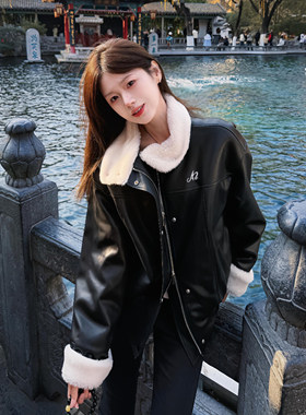 冬季黑色皮毛一体羊羔毛棉服女
