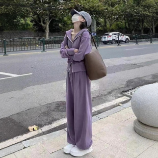 女2025秋季 阔腿裤 新款 宽松网红休闲卫衣拉链 两件套 韩版 运动套装
