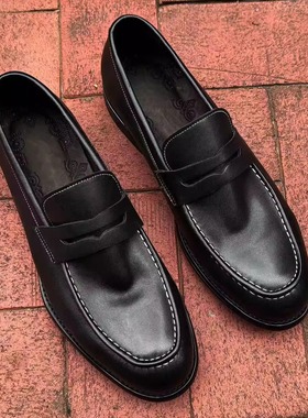 马皮水洗做旧四季鞋手工固特异牛皮底乐福鞋白色飞线A字型皮鞋