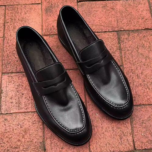 马皮水洗做旧四季鞋手工固特异牛皮底乐福鞋白色飞线A字型皮鞋