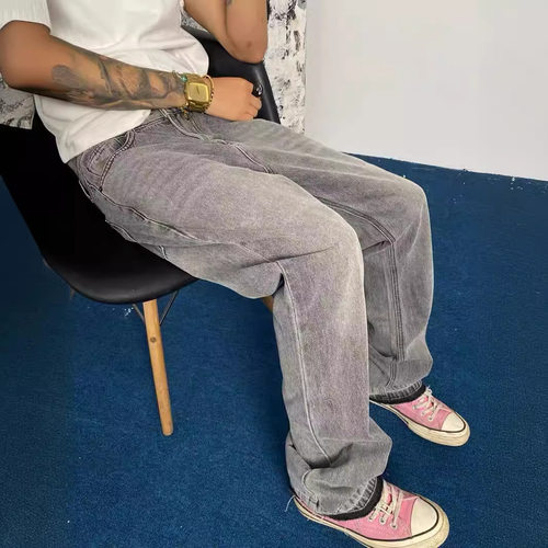 美式烟灰色脚口流苏牛仔裤男高街水洗灰直筒微喇叭cleanfit裤子潮