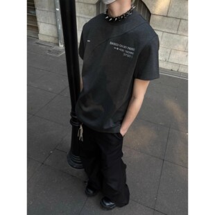 美式短款cleanfit重磅解构boxy版型宽松拼接字母短袖T恤情侣男女