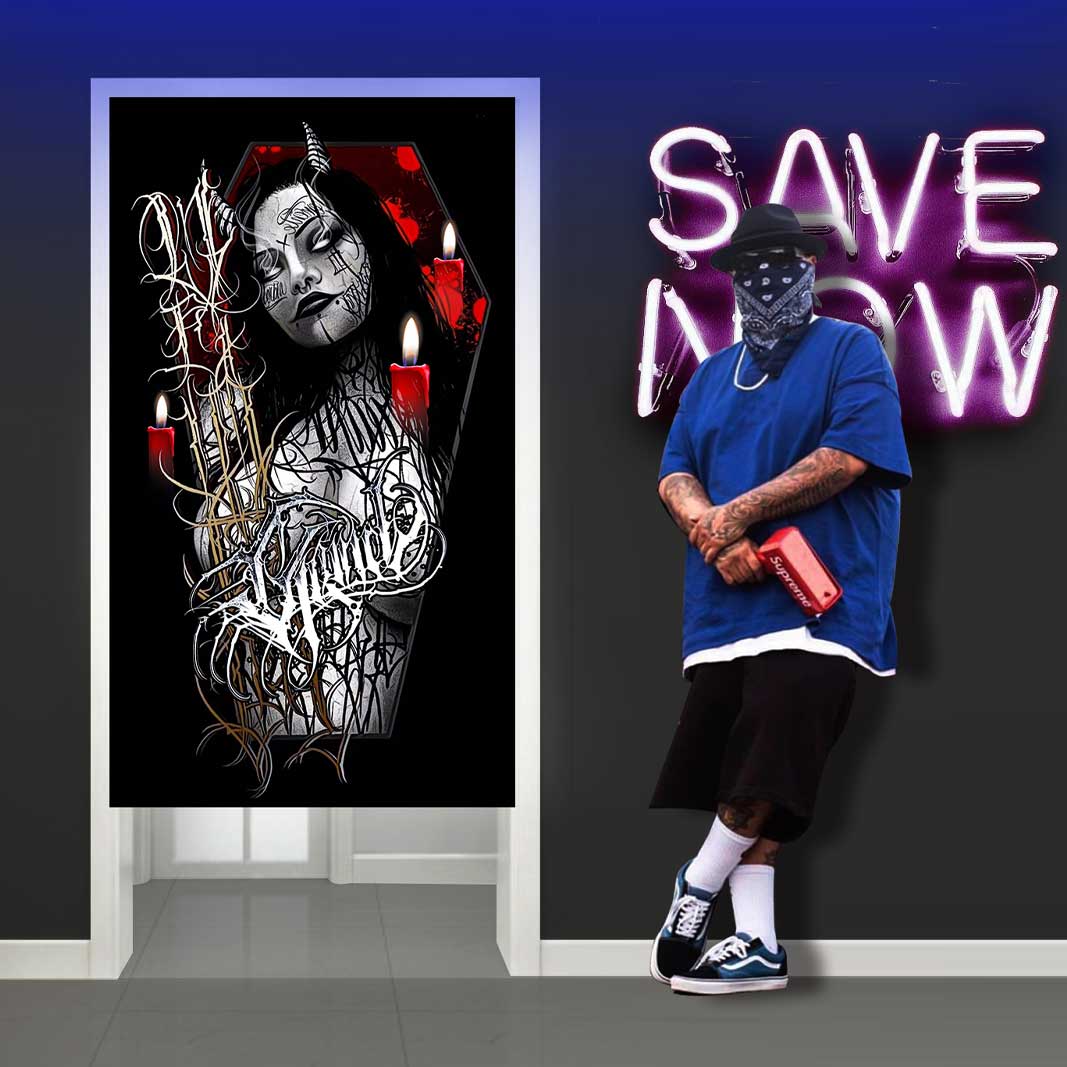 暗黑奇卡诺西海岸说唱纹身花体字old school匪帮嘻哈hiphop门帘