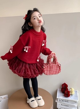 女童新年衣服好看红色加绒毛衣冬装儿童针织衫上衣2026新款喜庆