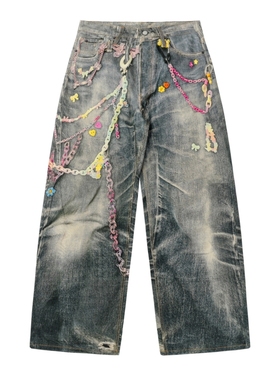 黑色圣诞树AC 25SS糖果彩虹链条3D数码打印1981M复古直筒牛仔裤