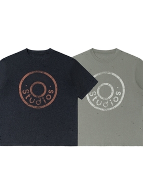 黑色圣诞树AC 25SS圆圈斑驳字母破洞做旧水洗复古宽松混纺短袖T恤