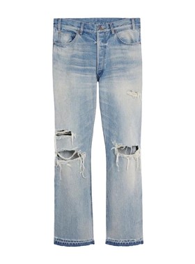 CE刀割破坏做旧猫须CleanFit潮流复古浅蓝色宽松直筒水洗牛仔长裤