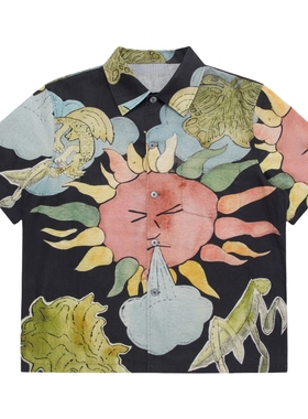 黑色圣诞树Our 25SS彩色太阳花涂鸦夏日沙滩风棉麻复古衬衫短袖