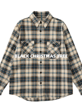 黑色圣诞树CE 24FW棕蓝格子纹法兰绒水洗复古张艺兴同款衬衫外套