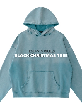 黑色圣诞树24SS ERD忧郁的富二代褪色水洗破坏雾霾蓝标语连帽卫衣