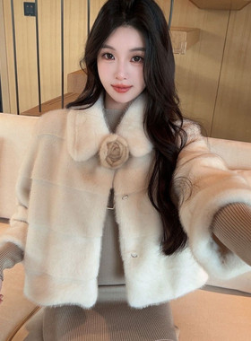 冬季贵气女款仿貂毛环保皮草外套女短款大衣韩版时尚新品含胸针