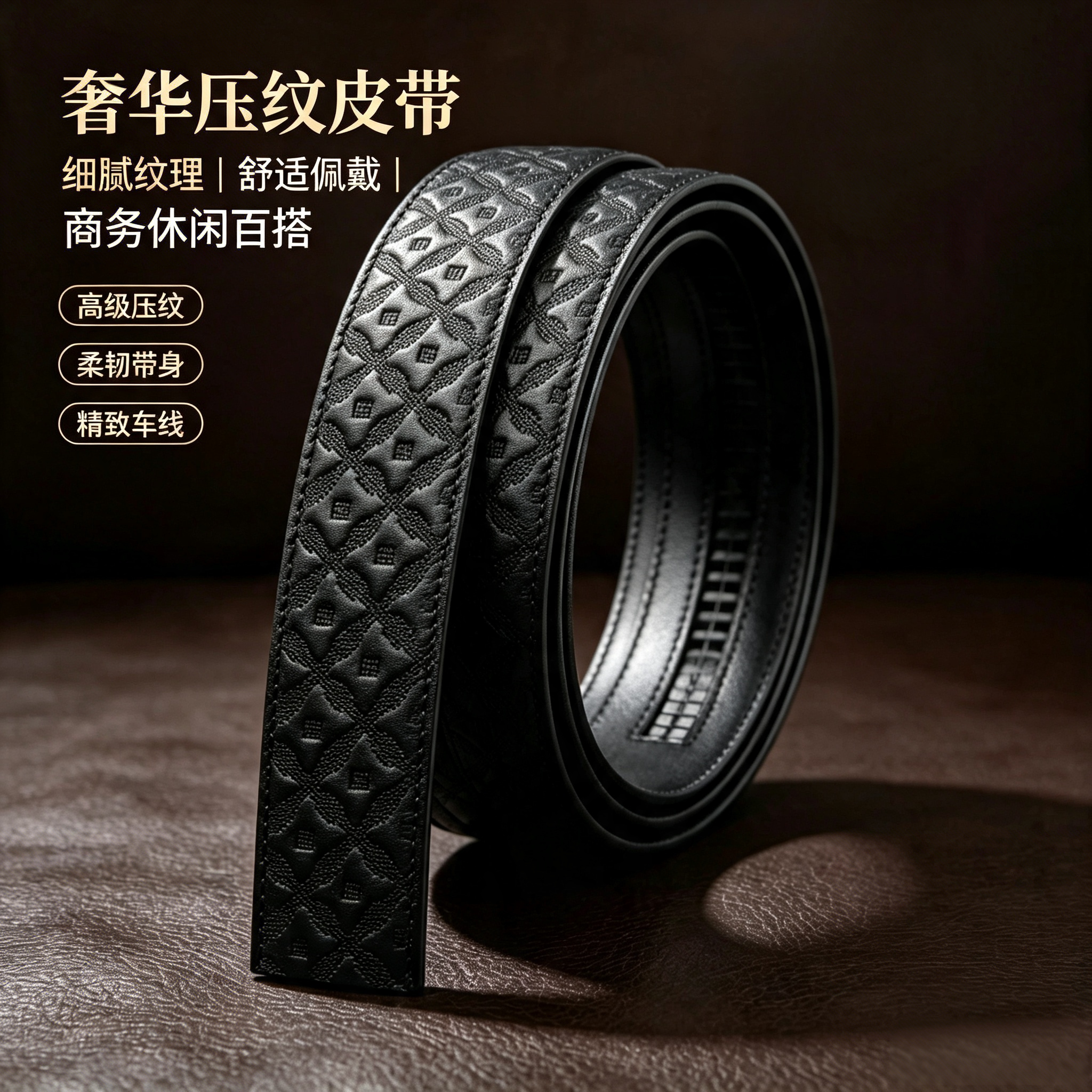 男士牛皮压纹无头自动腰带黑色