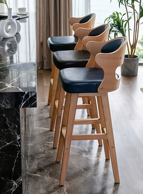 北欧轻奢实木吧台椅简约高脚凳子酒吧椅前台收银靠背吧台凳高吧椅