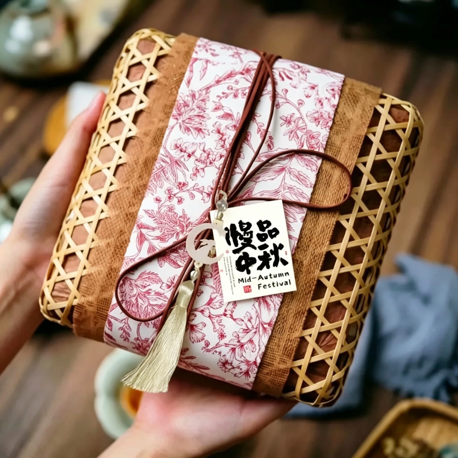红色印花方巾方形手工编织镂空篮
