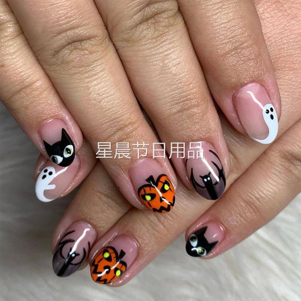 万圣节美甲短款杏仁型24片穿戴甲南瓜蝙蝠假指甲可拆卸元素超薄