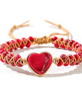 情人节心形双层编织手链 复古天然石线绳缠绕可调节手饰