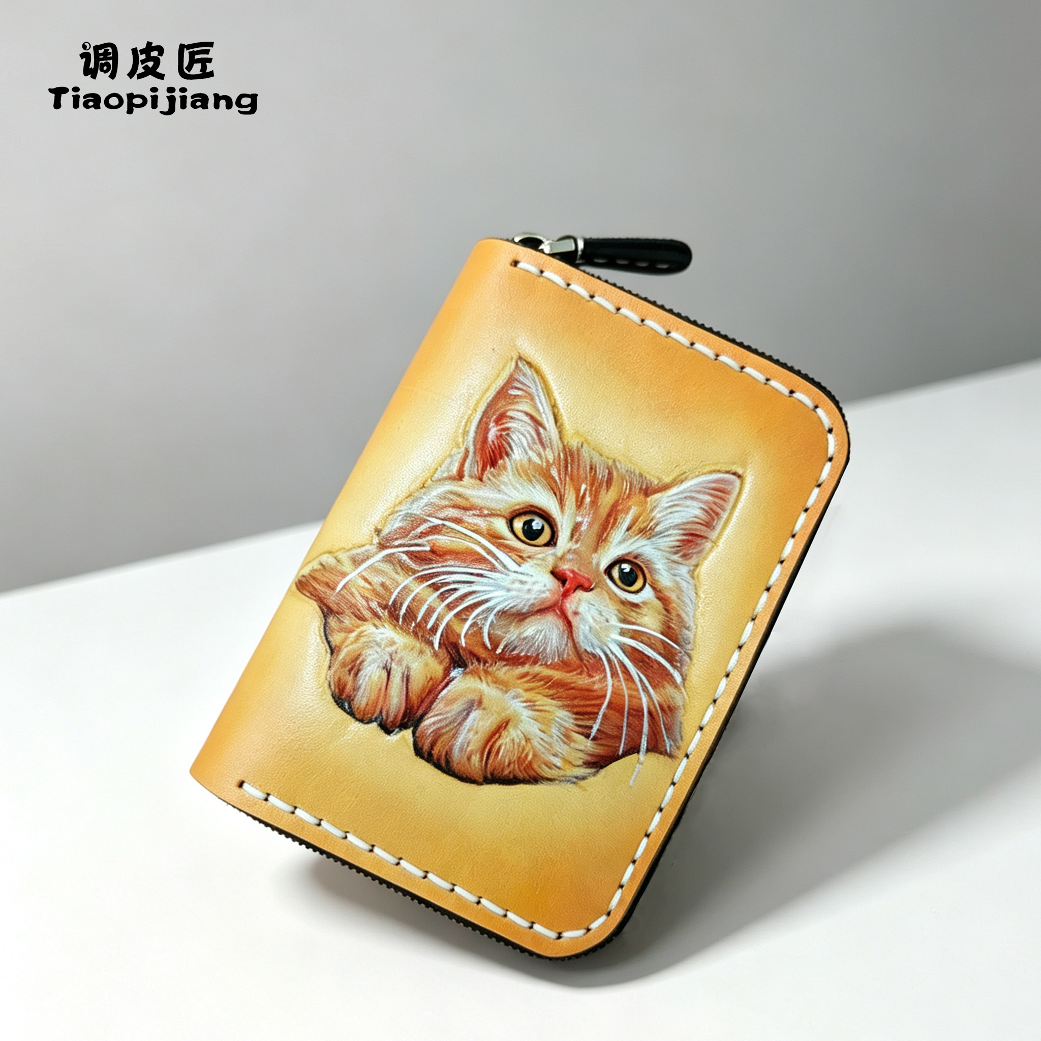 调皮匠手工皮雕橘猫卡包头层牛皮多卡位拉链小钱包复古风琴收纳包