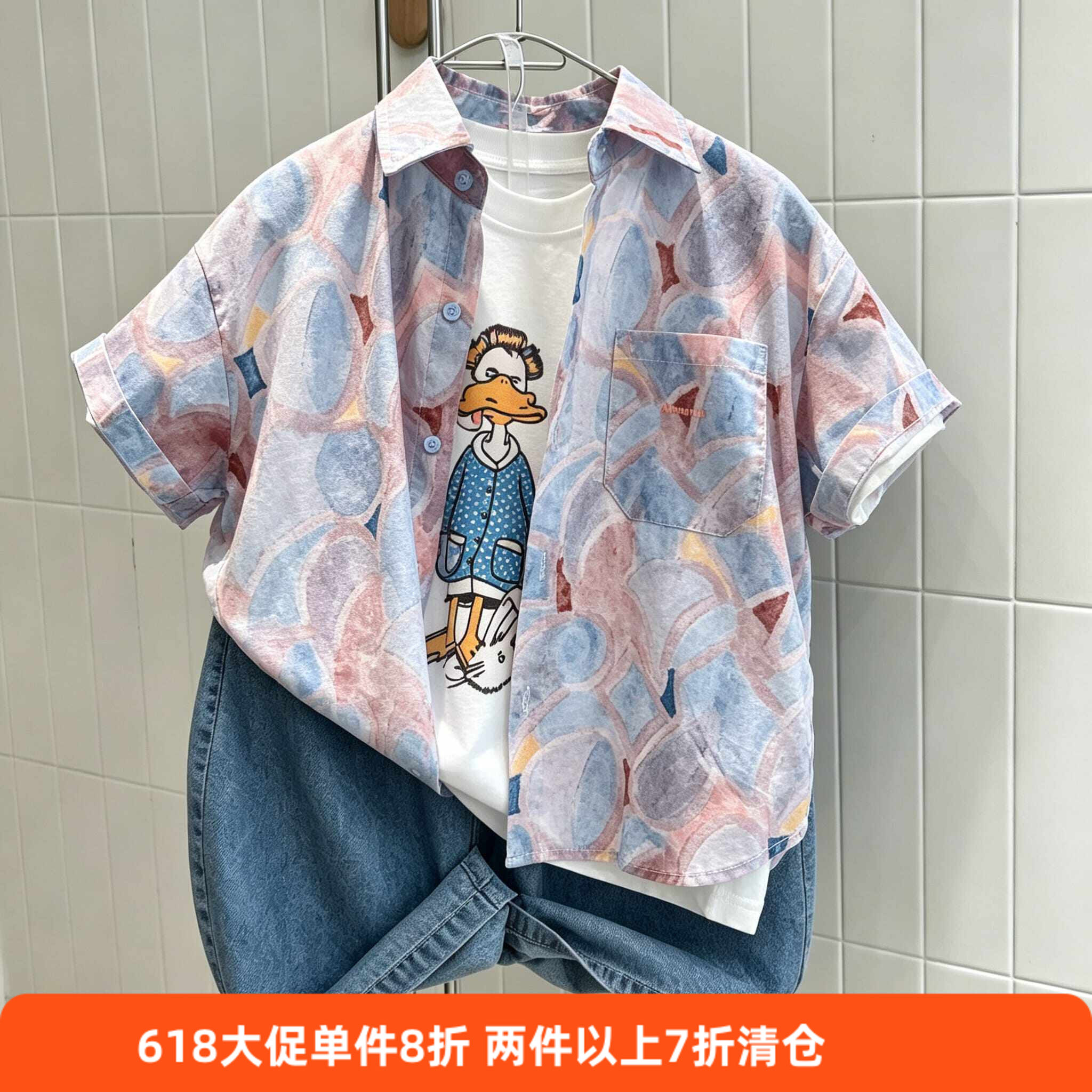 魔西童装~[复古繁花]中大童夏季男童女童薄棉大花朵印花短袖衬衫