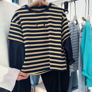 2026春季男童圆领条纹拼接牛仔袖卫衣洋气炸街闪亮男孩打底衫上衣