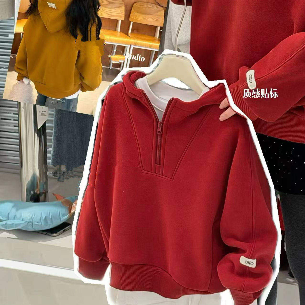 豪家品质冬季新款男童女童韩版半拉链加厚奥利绒一体绒连帽卫衣潮