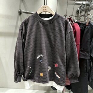 魔西童装~个性男童洋气棕色条纹小标印花卫衣时尚百搭韩版打底衫