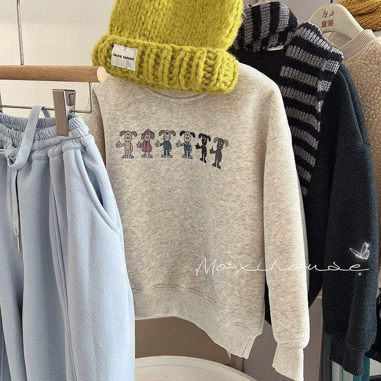 2025冬季加绒加厚一体绒男童女童纯棉圆领卫衣可爱卡通韩版打底衫