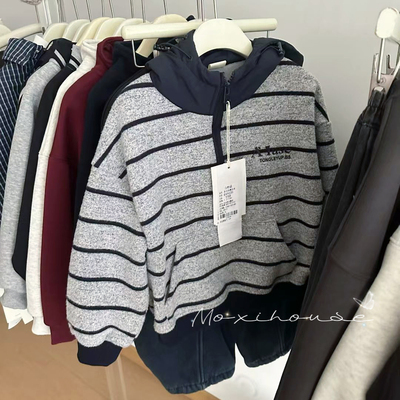 男童女童条纹一体绒加绒连帽卫衣