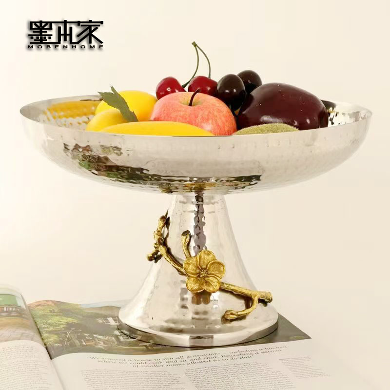 印度进口银色高脚果盘创意梅花缠绕 餐厅酒店样板间桌面软装摆设