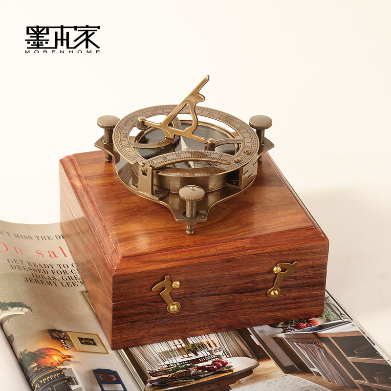 印度进口黄铜日晷指南针摆件带芒果木盒子复古怀旧航海风装饰摆设