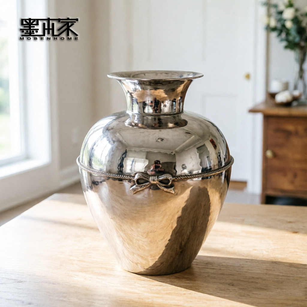 印度进口复古银色干花瓶插花手工锤纹样板间客厅装饰摆件家居饰品