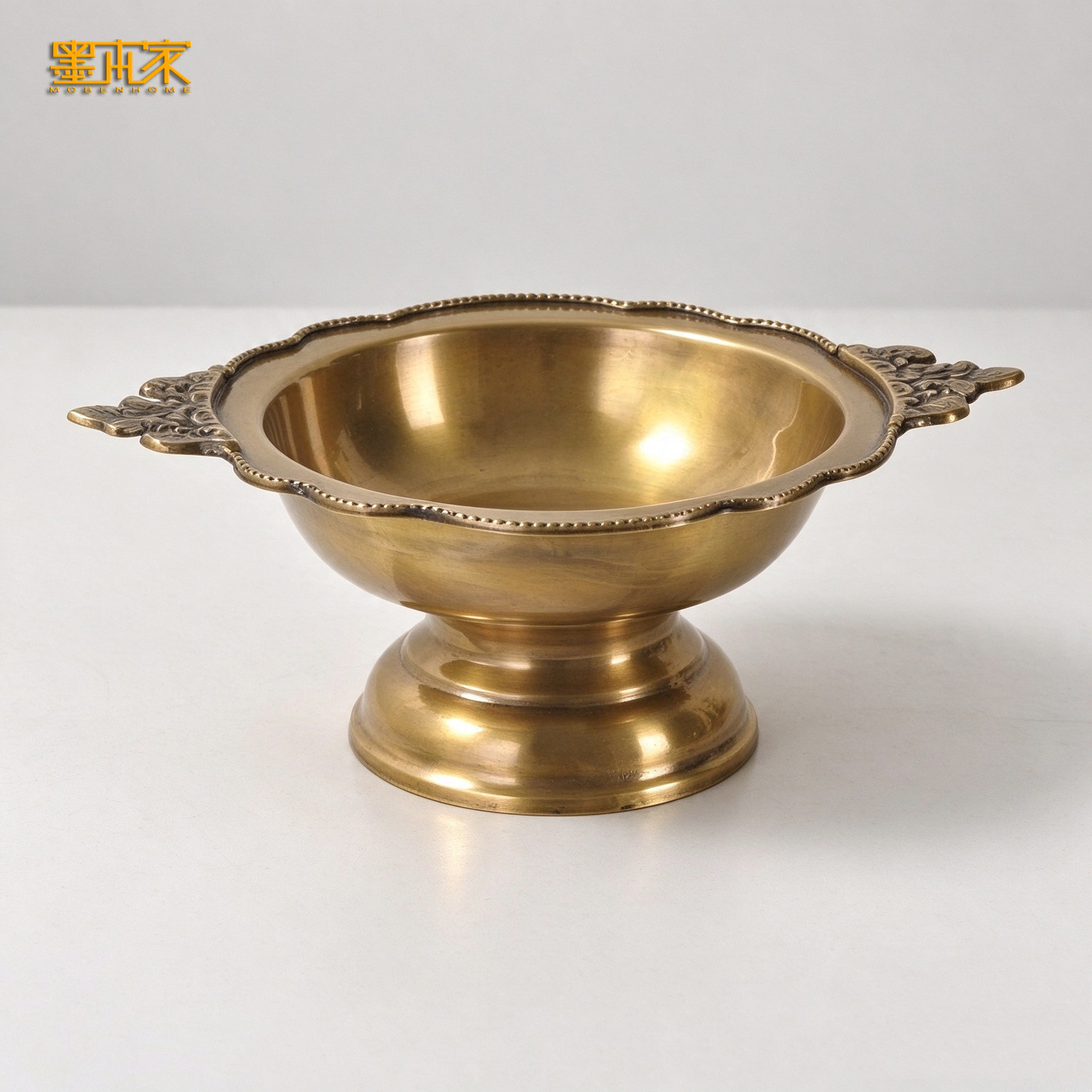 进口法式复古黄铜高脚果碗 欧式浮雕双耳收纳盘茶几糖果干果摆件