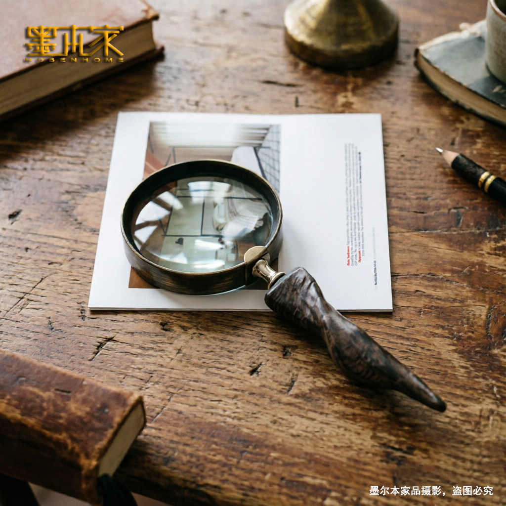 印度进口高档设计牛角复古手持放大镜高清阅读样板间书房桌面摆件