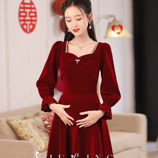 丝绒长袖 孕妇敬酒服新娘女红色大码 胖mm订婚礼服连衣裙回门秋冬季