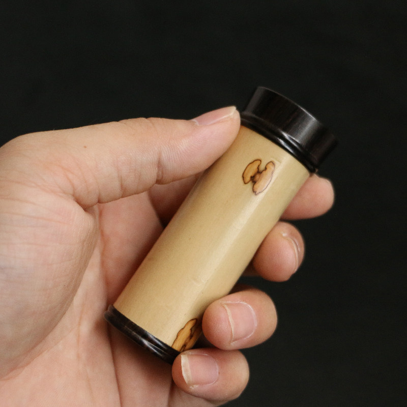 蝴蝶花斑竹苏工精工制作黑檀木螺纹口盖牙签筒一泡茶茶叶罐把件竹