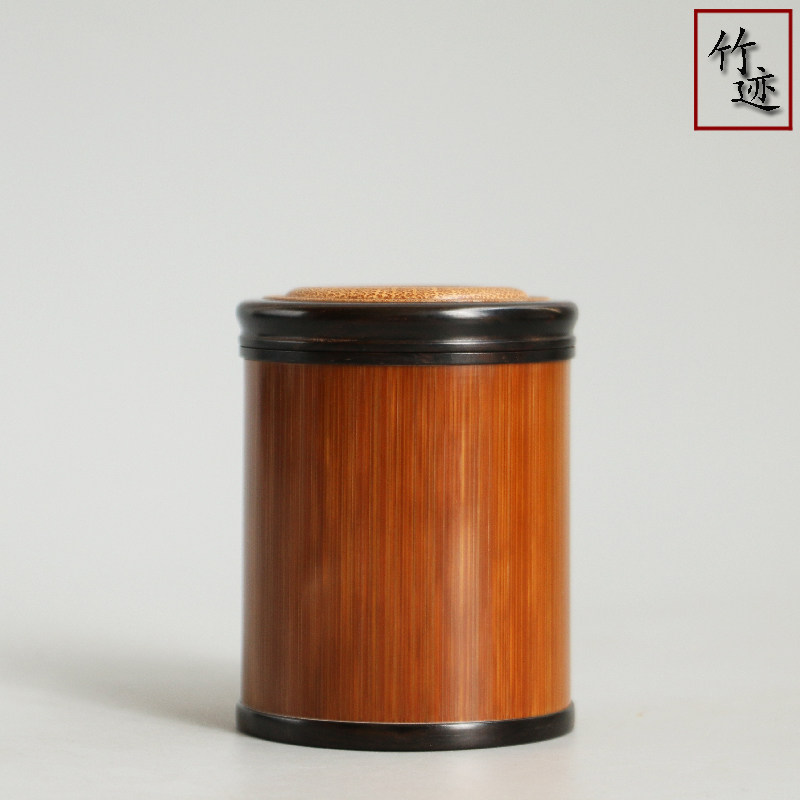 大直径6厘米茶道老玉竹苏工黑檀木螺纹口茶仓茶叶罐文玩把玩竹迹