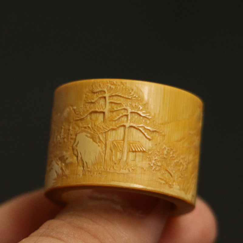 老玉竹精工纯手工留青浅浮雕山水文人扳指竹雕把件把玩竹器工艺品