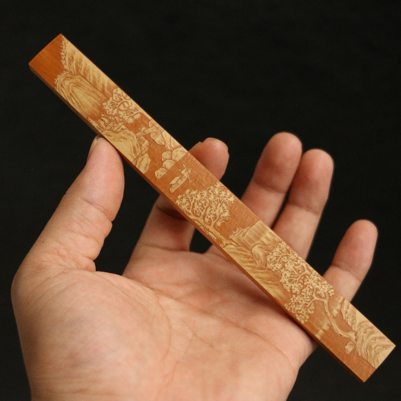 老玉竹合青纯手工精工制作双面雕刻留青山水图文房雅器裁纸刀竹雕