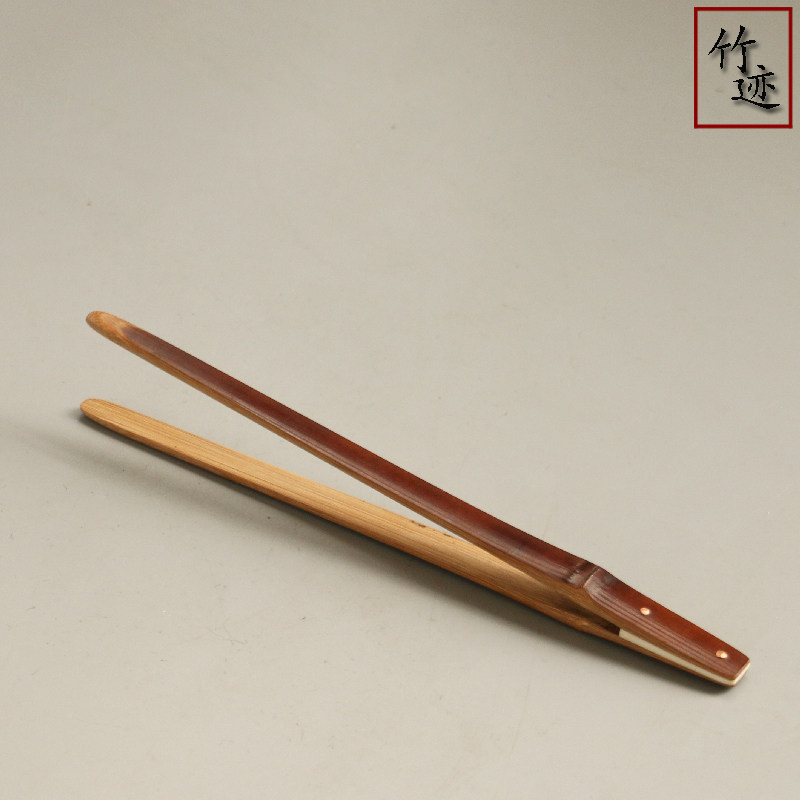 广西拆房老煤竹纯手工精工制作铜锭固定茶夹茶道竹镊子六君子竹迹