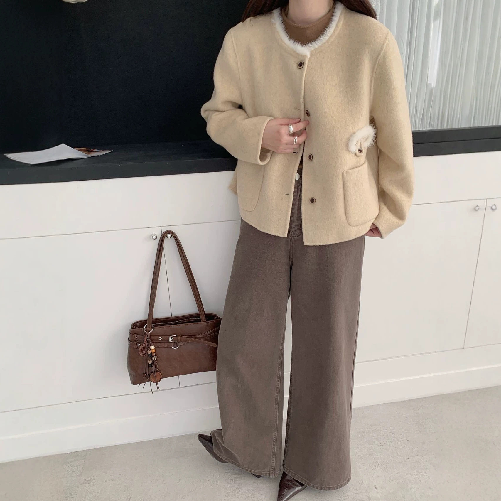 MOLIN新款双面羊毛大衣真水貂领