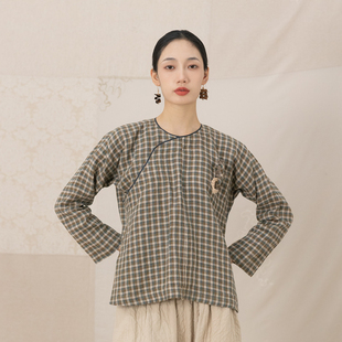大拙浪漫自然主义穿搭舒适亚麻格纹斜襟衬衫70227-1