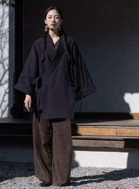 大拙禅意风中性气质亚麻棉汉服禅衣宽松款双层系带中长外套231116