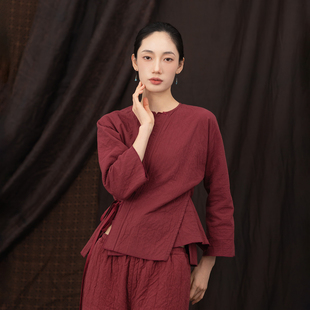 大拙松弛感穿搭优雅又知性亚麻棉毛边设计斜襟绑带通勤外套240506