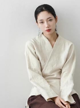 大拙法式设计感慵懒风松弛感浮雕肌理纹棉麻斜襟系带外套50821