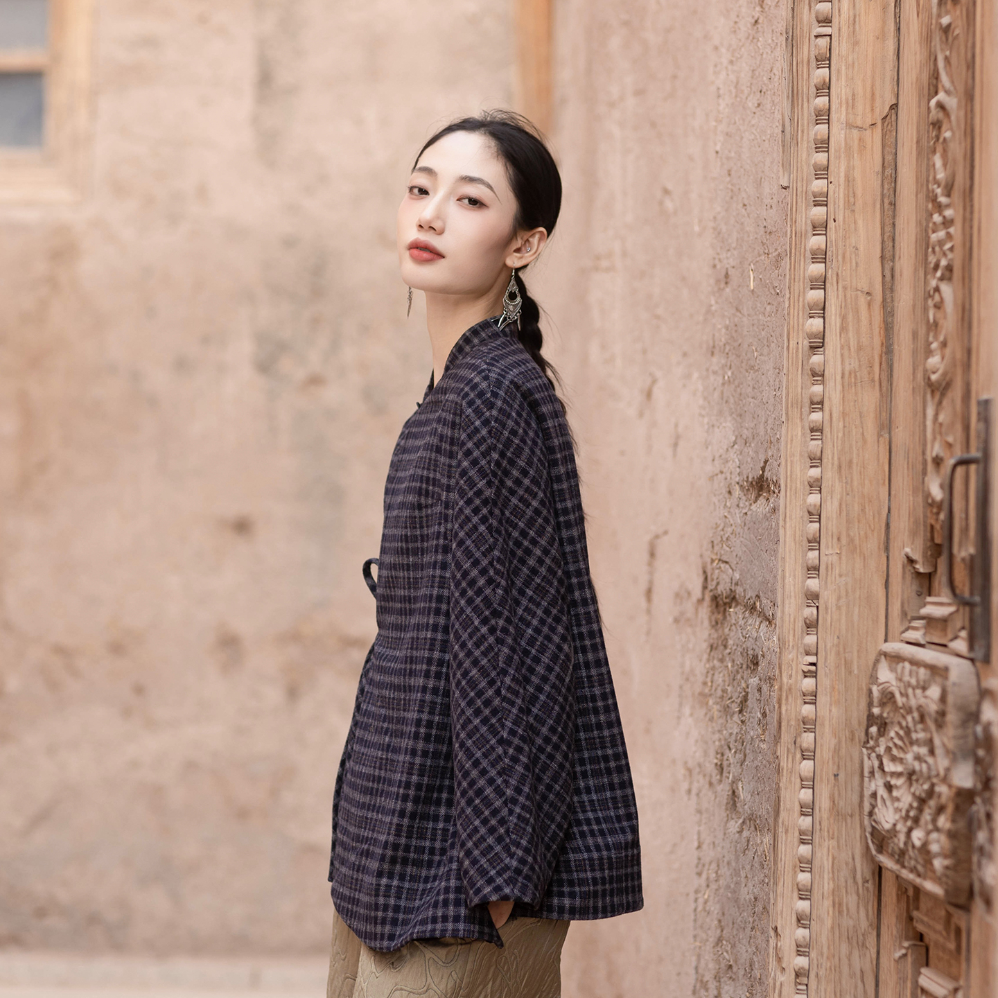 大拙秋冬巴恩风穿搭斜襟毛呢外套