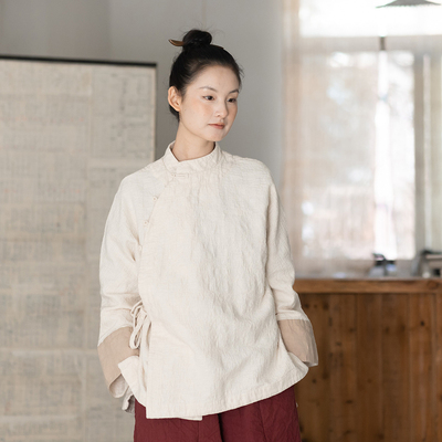 大拙复古与优雅并存国风国潮斜襟立领肌理纹棉麻双层外套240130