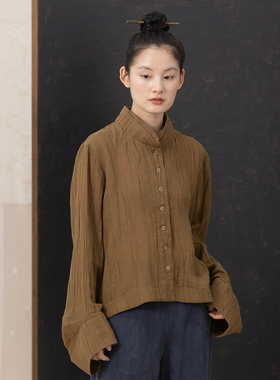 大拙智序美学穿搭素雅风肌理皱感天丝苎麻宽松款单排扣衬衫241222