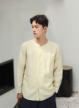 大拙国风少年穿搭便西两用亚麻人丝单排扣长袖男衬衫240116
