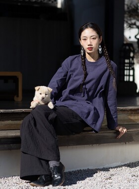 大拙老钱风穿搭棉麻立领具有设计感套头衫231114