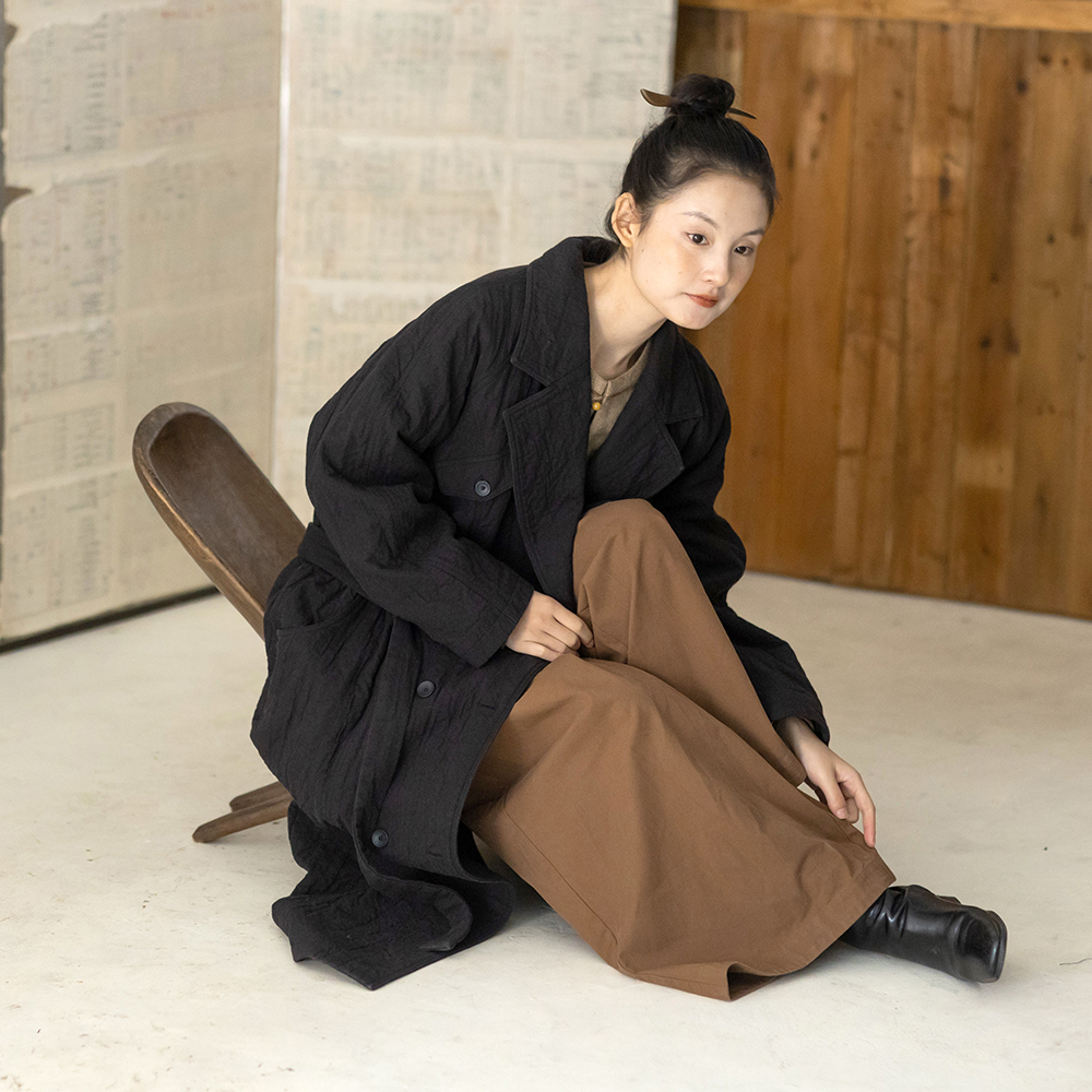 清仓，不可退换大拙巴恩风棕色阔腿裤半松紧腰斜纹棉休闲裤210827