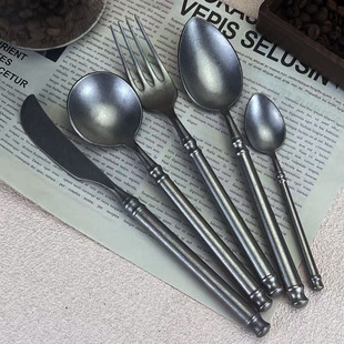 复古雪花砂304不锈钢西餐刀叉勺甜品咖啡勺哑光银色ins西餐具勺子